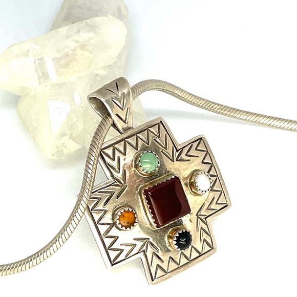 Vintage Navajo Cross Pendant Garnet Turquoise Amber Onyx Moonstone. Sterling - Picture 4 of 6